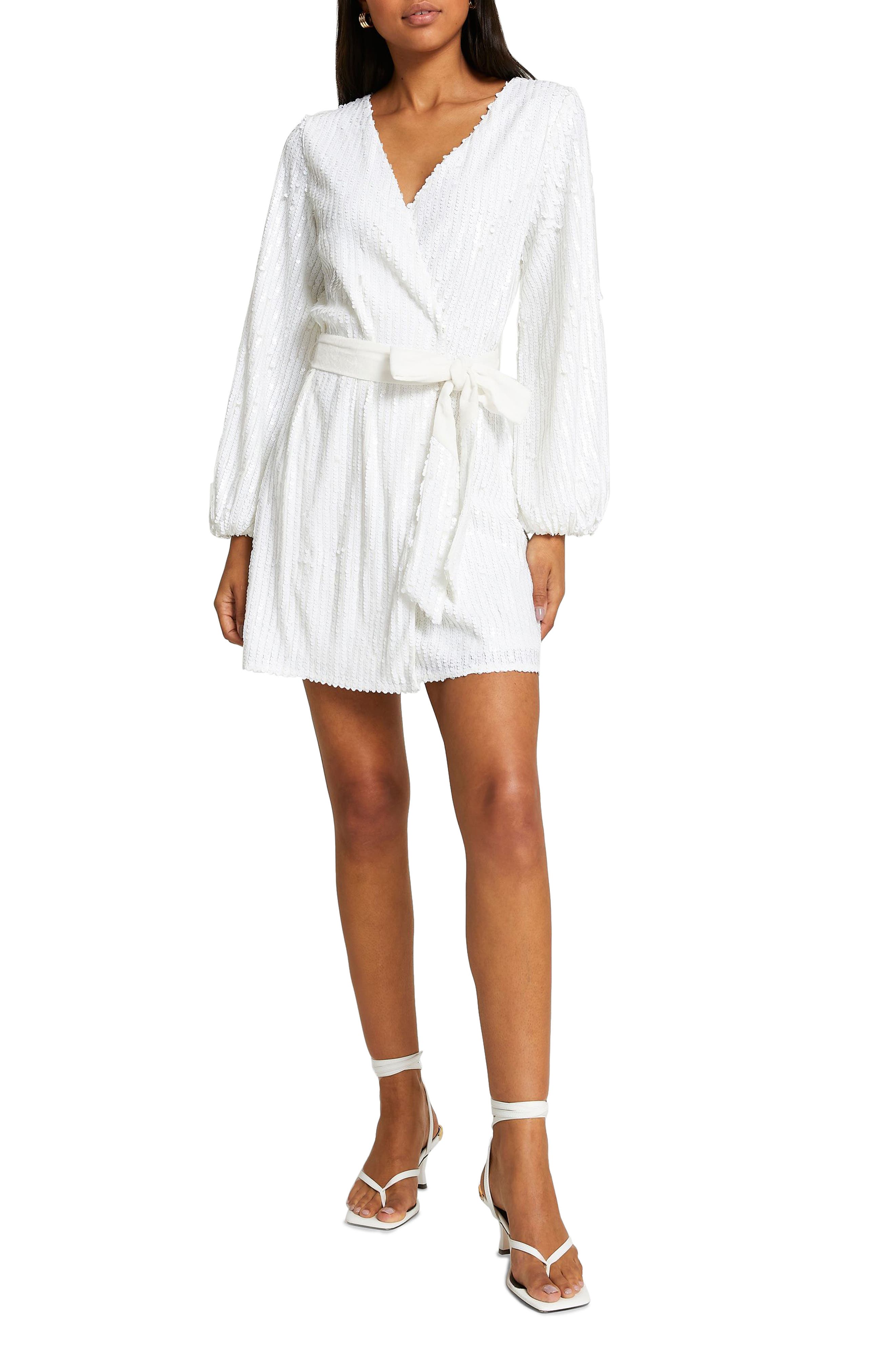 River Island Sequin Long Sleeve Wrap Dress In White | ModeSens